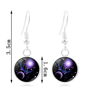 Detail of silver Libra zodiac earrings with purple star pattern and dimension markings