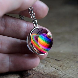 Double-sided galaxy glass orb pendant necklace with vintage silver chain for women