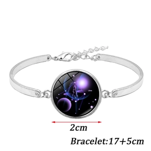 Detail view of silver Libra constellation bracelet with 2cm glass pendant and extension chain