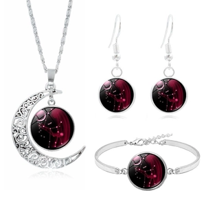 Detailed set of silver Virgo constellation moon necklace, earrings, and bracelet jewelry