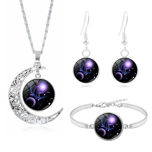 12 Constellation Zodiac Necklace Bracelet Earrings Jewelry Alloy Glass Galaxy Starry Sky Moon Pendant For Women Birthday Gift