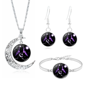 Silver Gemini zodiac jewelry set with moon necklace, earrings and bracelet with purple stones