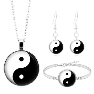 Yin Yang Tai Chi Jewelry Set Alloy Silver Tone Glass Cabochon Necklace Earrings Bracelet Traditional Pattern Accessories For Men Women