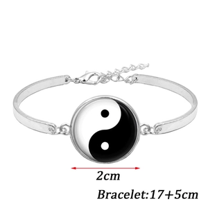 Silver Yin Yang Tai Chi bracelet with adjustable chain and 2cm round glass gem pendant