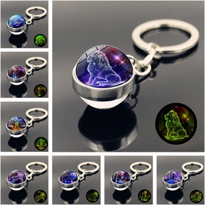 Luminous double-sided glass ball zodiac keychain with silver metal ring and constellations