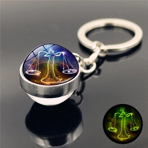 Luminous Libra zodiac double-sided crystal ball keychain with glowing star pattern metal ring