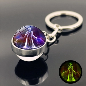 Luminous Virgo constellation keychain with double-sided crystal ball and metal ring