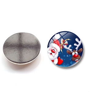 Detailed view of 25mm round glass Santa Claus fridge magnet with strong magnetic backing