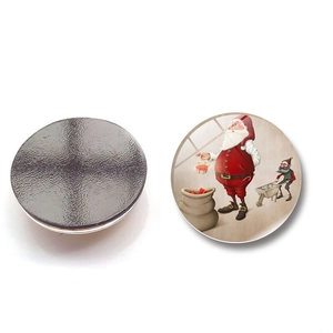 Detailed front and back view of a 25mm round Christmas Santa Claus glass fridge magnet