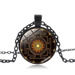 Vintage Sacred Sri Yantra Mandala Pendant Necklace For Women Men Alloy Glass Time Gem Geometric Sacred Geometry Sweater Chain Jewelry