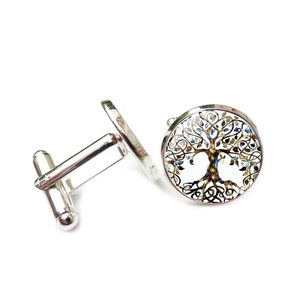 Silver cufflinks with Tree of Life glass cabochon shown in front and side views