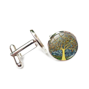 Polished silver cufflinks featuring Tree of Life art design in a classic glass cabochon style