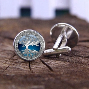 Tree Of Life Time Gem Cufflinks For Men Silver Alloy Glass Round Shirt Studs Vintage Artistic Business Wedding Accessories