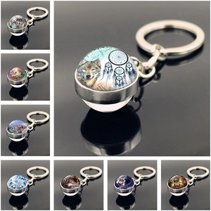 Detailed view of luminous wolf dreamcatcher glass ball keychain with metal chain links