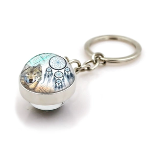 Luminous wolf dreamcatcher glass dome keychain with silver alloy ring for gift