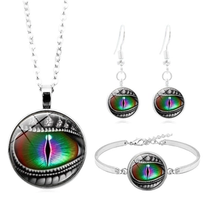 Vintage Dragon Eye Jewelry Necklace Bracelet Ear Hook Earrings Silver Plated Alloy Glass Cabochon For Women Girls Cosplay Party Jewelry