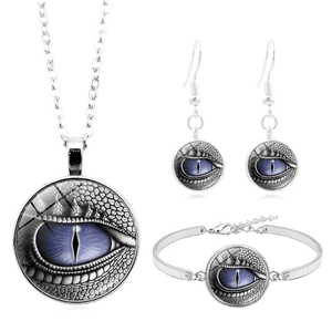 Silver jewelry set with purple dragon eye glass pendant necklace bracelet and earrings