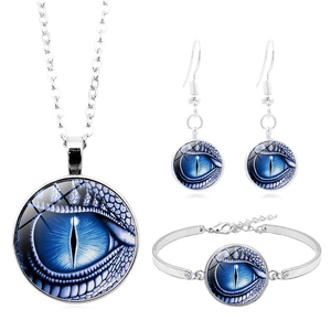 Silver dragon eye jewelry set including necklace, earrings, and open bangle