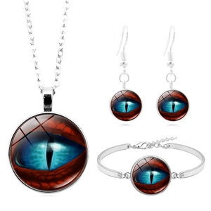 Detailed view of silver dragon eye jewelry set including necklace bracelet and earrings
