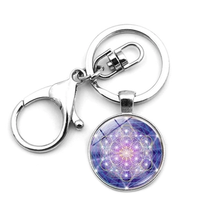 Porte-clés mandala géométrie sacrée avec pendentif violet et fermoir mousqueton argenté