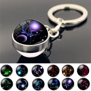 Zodiac Galaxy Glass Ball Keychain Zinc Alloy Constellation Starry Sky Key Ring Bag Pendant Birthday Gift Men Women Jewelry