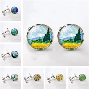 Van Gogh Art Glass Gem Cufflinks For Men Silver Alloy Round Shirt Accessories Classic Painting Business Jewelry Gift