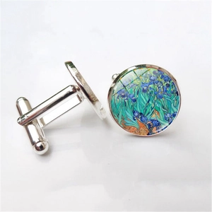 Detailed view of silver men's cufflinks featuring Van Gogh's Irises artwork