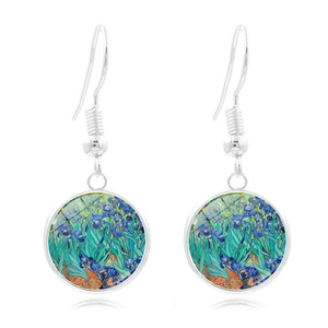 Boucles d'oreilles Van Gogh Iris en verre avec crochets argentés vintage
