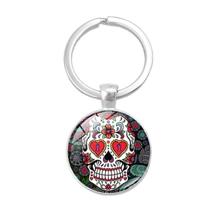 Porte-Clés Crâne De Sucre Jour Des Morts Mexicain Vintage Alliage Dôme En Verre Rose Pendentif Floral Anneau Porte-Clés Bijoux