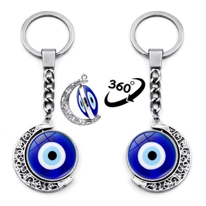 Porte-clés Vintage Mauvais Œil Lune Croissante Rotatif Nazar Turc Amulette Alliage de Zinc Verre Pendentif Ethnique Boho Accessoire