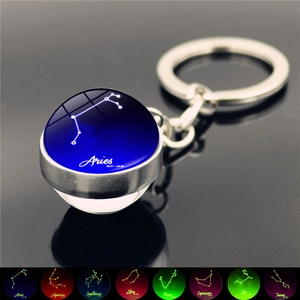 Detail showing Aries zodiac luminous crystal glass ball keychain with metal base and icons