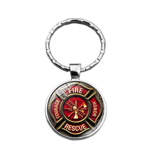 Llavero de bombero Cruz de Malta con grabado Fire Rescue Courage Honor y cúpula de cristal