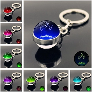 Luminous 12 Zodiac Keychain Zinc Alloy Glass Ball Pendant Glow In Dark Galaxy Star Keyring Jewelry Birthday Gift For Unisex