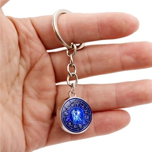 Luminous constellation keychain with blue starry night Gemini glass pendant and silver ring
