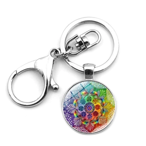 Mandala OM Symbol Yoga Keychain Alloy Glass Pendant Lotus Pattern Bohemian Round Metal Key Ring For Bag Charm Accessory