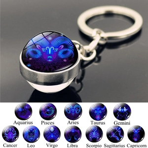 Zodiac Sign Keychain Metal Glass Cabochon Double Sided Starry Sky Constellation Pendant Key Ring For Birthday Gift Unisex Accessory
