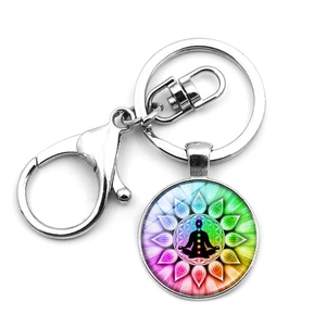 Mandala OM symbol keychain with 7 chakra yoga meditation pendant and silver lobster clasp