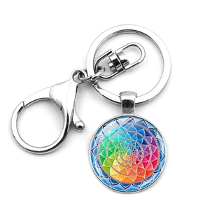 Mandala OM symbol keychain with colorful geometric pendant and metal lobster clasp