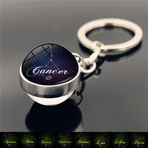 Detailed macro view of luminous Cancer zodiac crystal ball keychain with silver metal ring