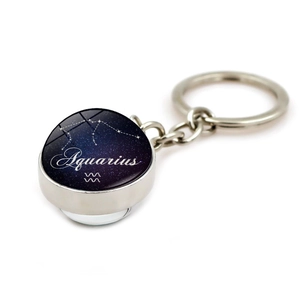 Glow in the dark Aquarius zodiac crystal glass ball keychain with silver metal ring