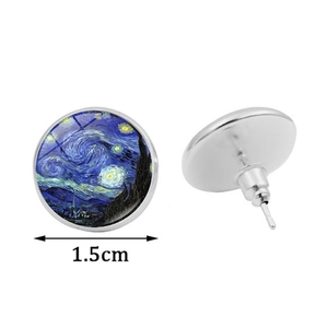 Detail view of 1.5cm Van Gogh Starry Night glass gem stud earrings with silver finish