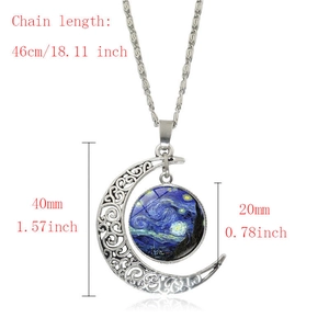 Detailed size map of Van Gogh Starry Night moon necklace with dimensions in inches and mm