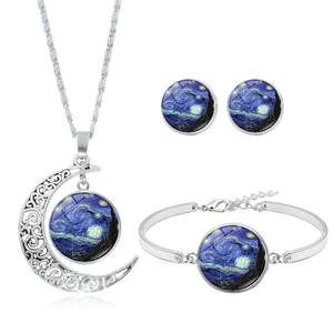 Van Gogh Starry Night jewelry set with silver crescent moon necklace bracelet and earrings