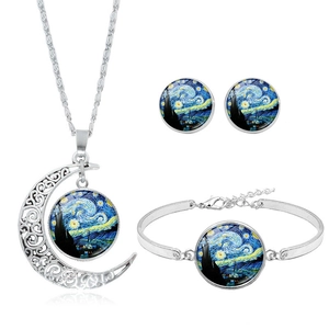 Van Gogh Art Painting Moon Pendant Necklace Bracelet Earrings Set Alloy Glass Cabochon Artistic Jewelry For Women Gift