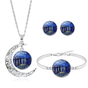 Detail view of Van Gogh Starry Night jewelry set including necklace bracelet and earrings