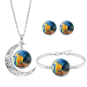 Silver Van Gogh Cafe Terrace jewelry set with moon necklace bracelet and earrings