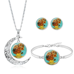 Silver jewelry set with Van Gogh Sunflower art including necklace, bracelet and earrings