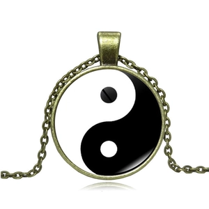Vintage bronze Yin Yang Tai Chi glass cabochon pendant necklace with chain link