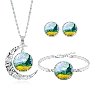 Van Gogh Wheat Field jewelry set with silver moon necklace, bracelet and stud earrings
