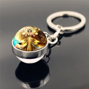 Detail of Libra zodiac keychain featuring a double-sided glass ball and metal base